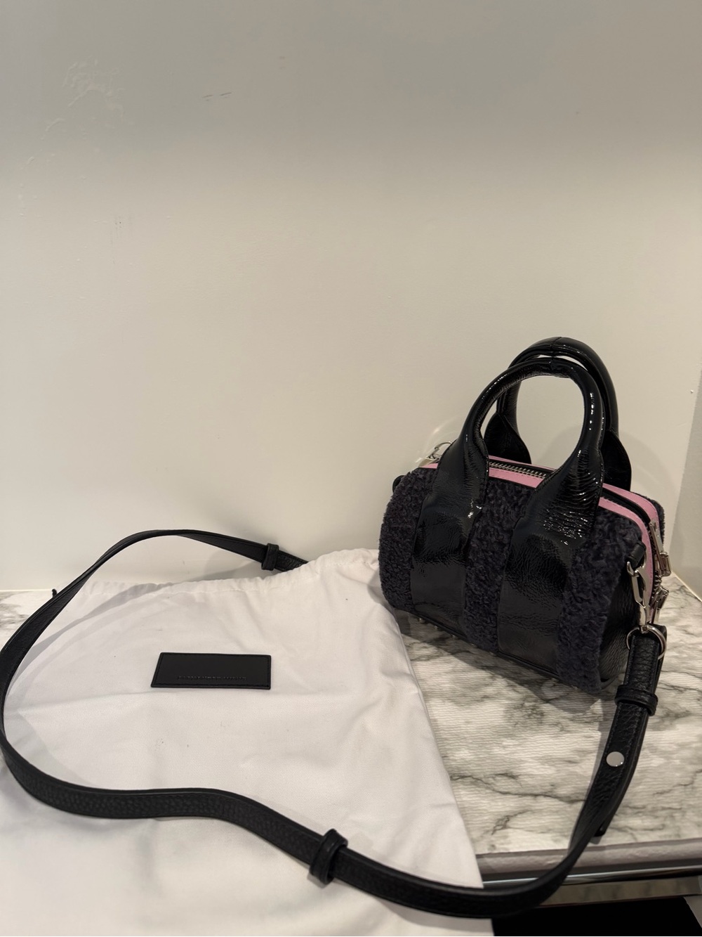 Alexander Wang Black Sherpa Mini Bag with Pink Zipper